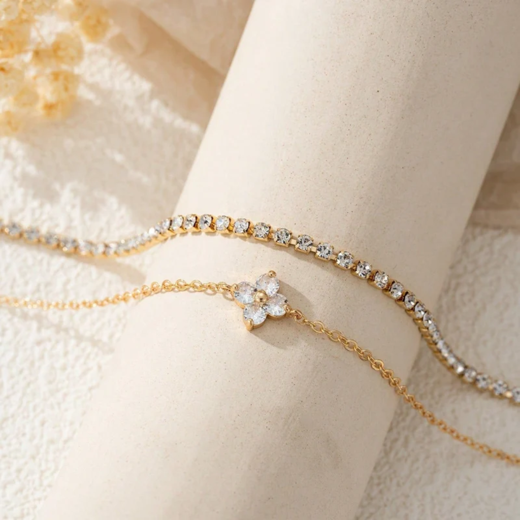 Clover Bracelet Women Gold Four Leaf Cubic Zirconia Tennis 2 Piece Set