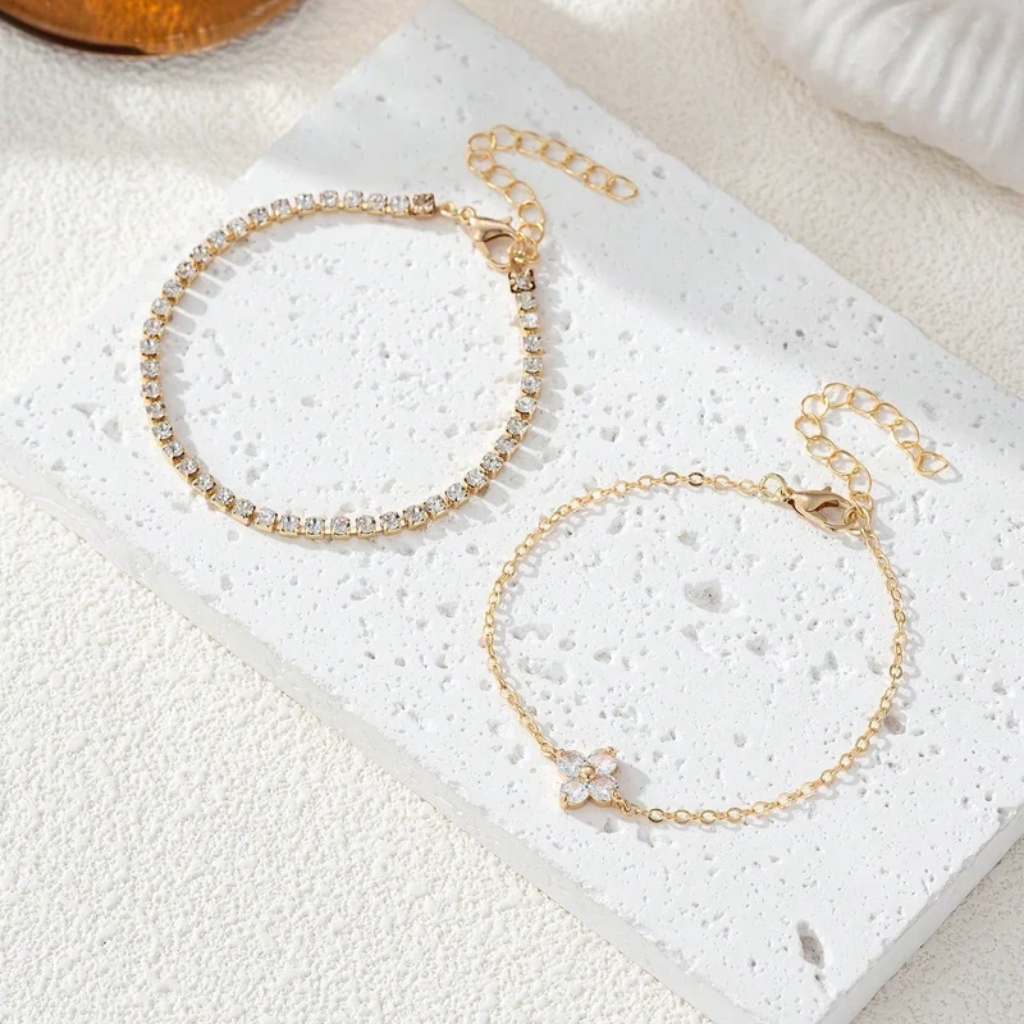 Clover Bracelet Women Gold Four Leaf Cubic Zirconia Tennis 2 Piece Set