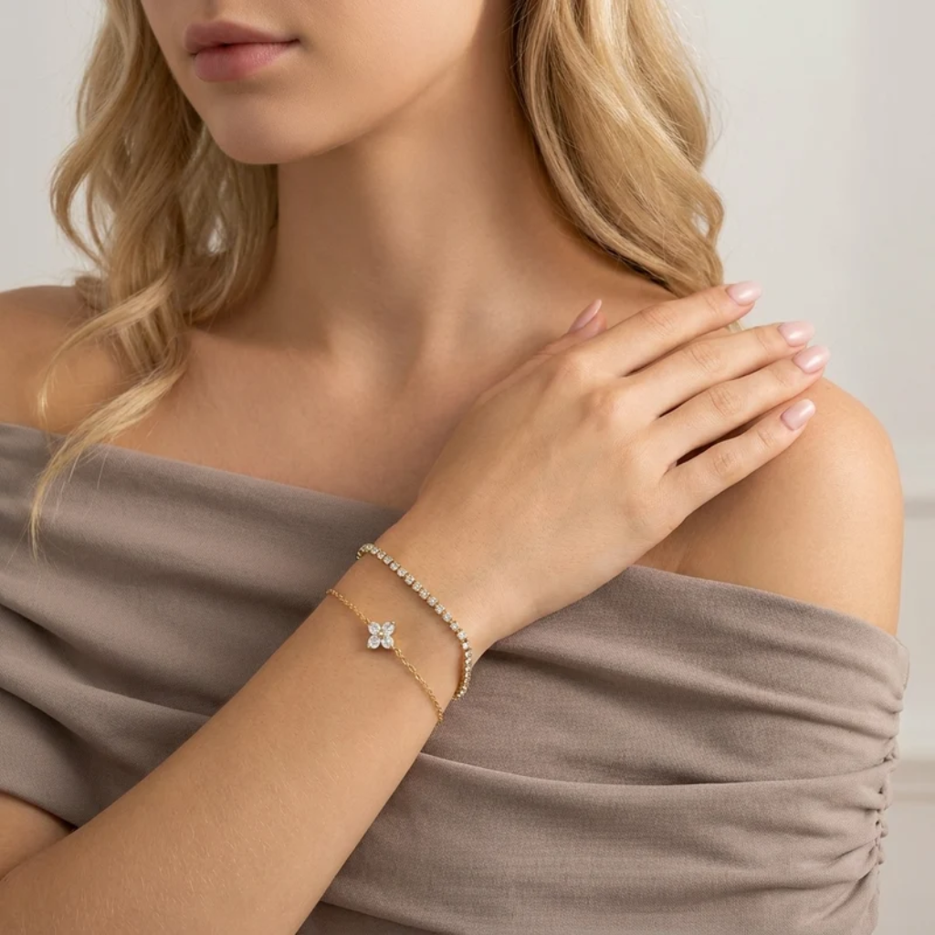 Clover Bracelet Women Gold Four Leaf Cubic Zirconia Tennis 2 Piece Set
