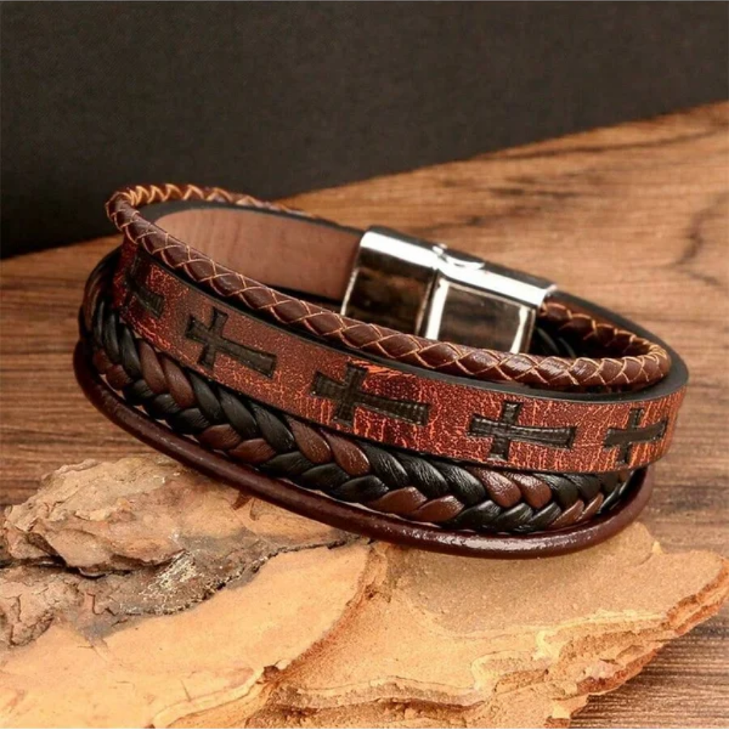Cross Bracelet Men Leather Braided Stainless Steel