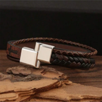 Cross Bracelet Men Leather Braided Stainless Steel