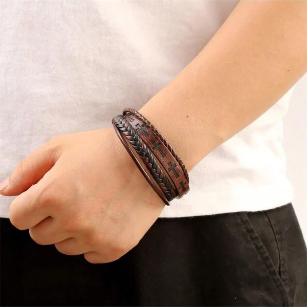 Cross Bracelet Men Leather Braided Stainless Steel