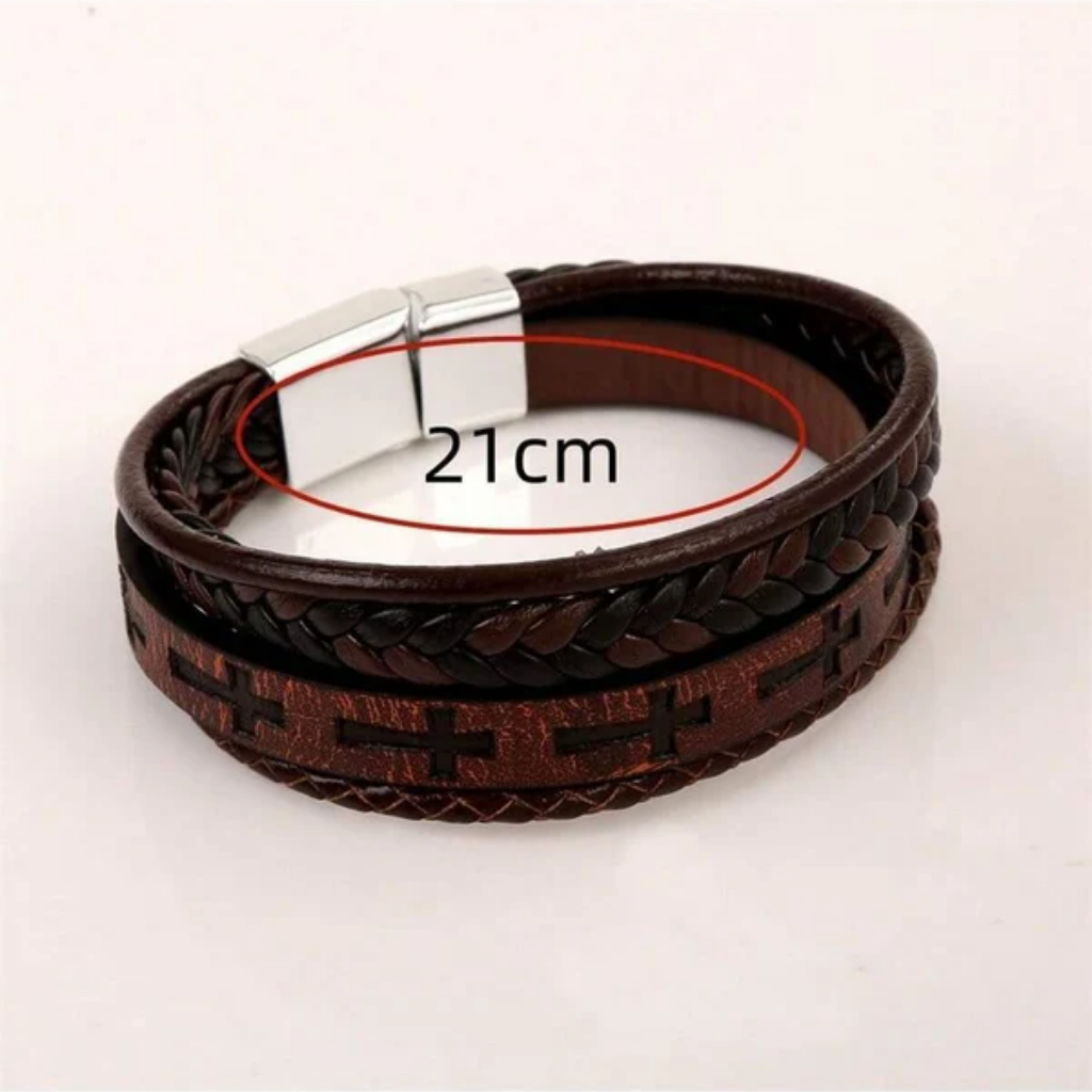 Cross Bracelet Men Leather Braided Stainless Steel