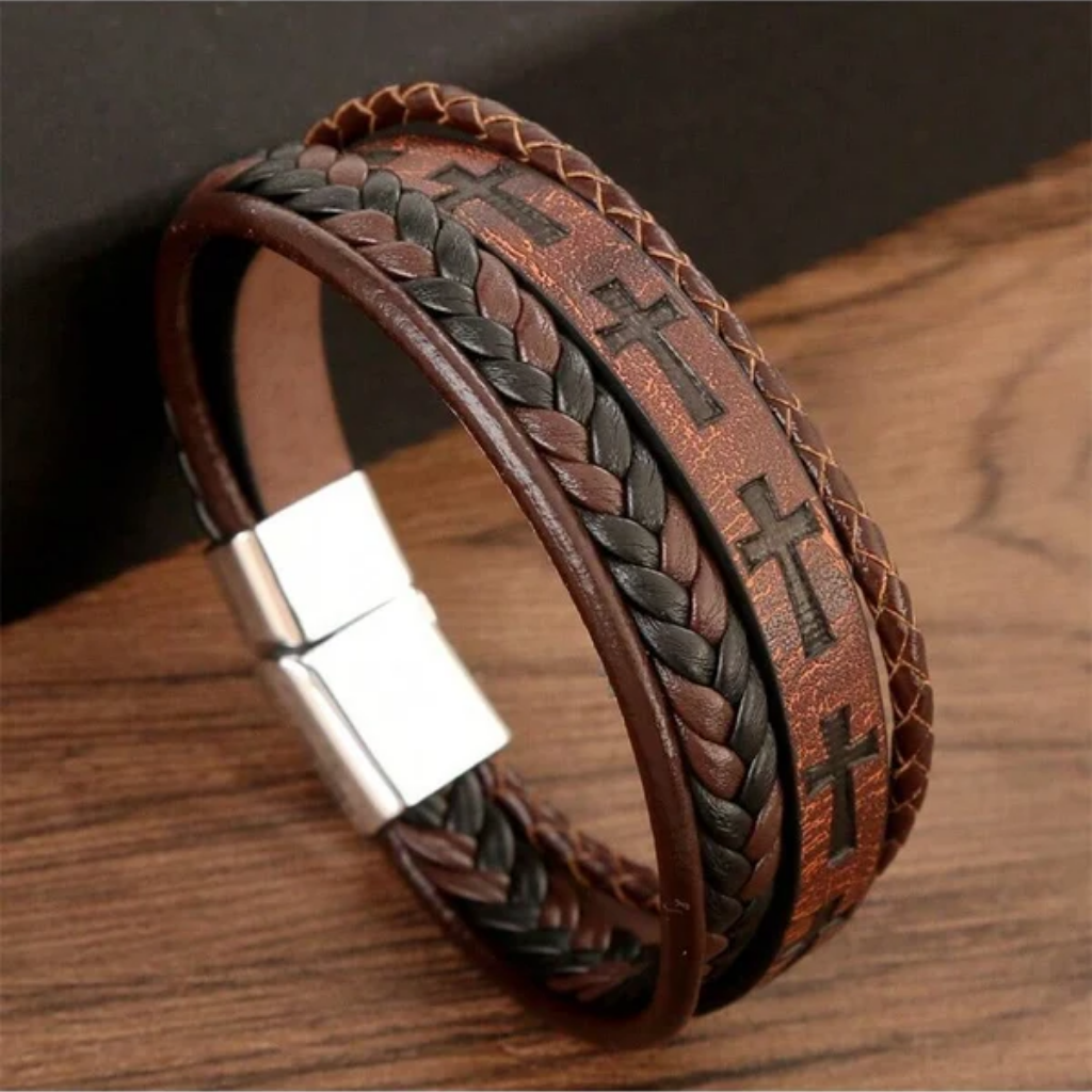 Cross Bracelet Men Leather Braided Stainless Steel