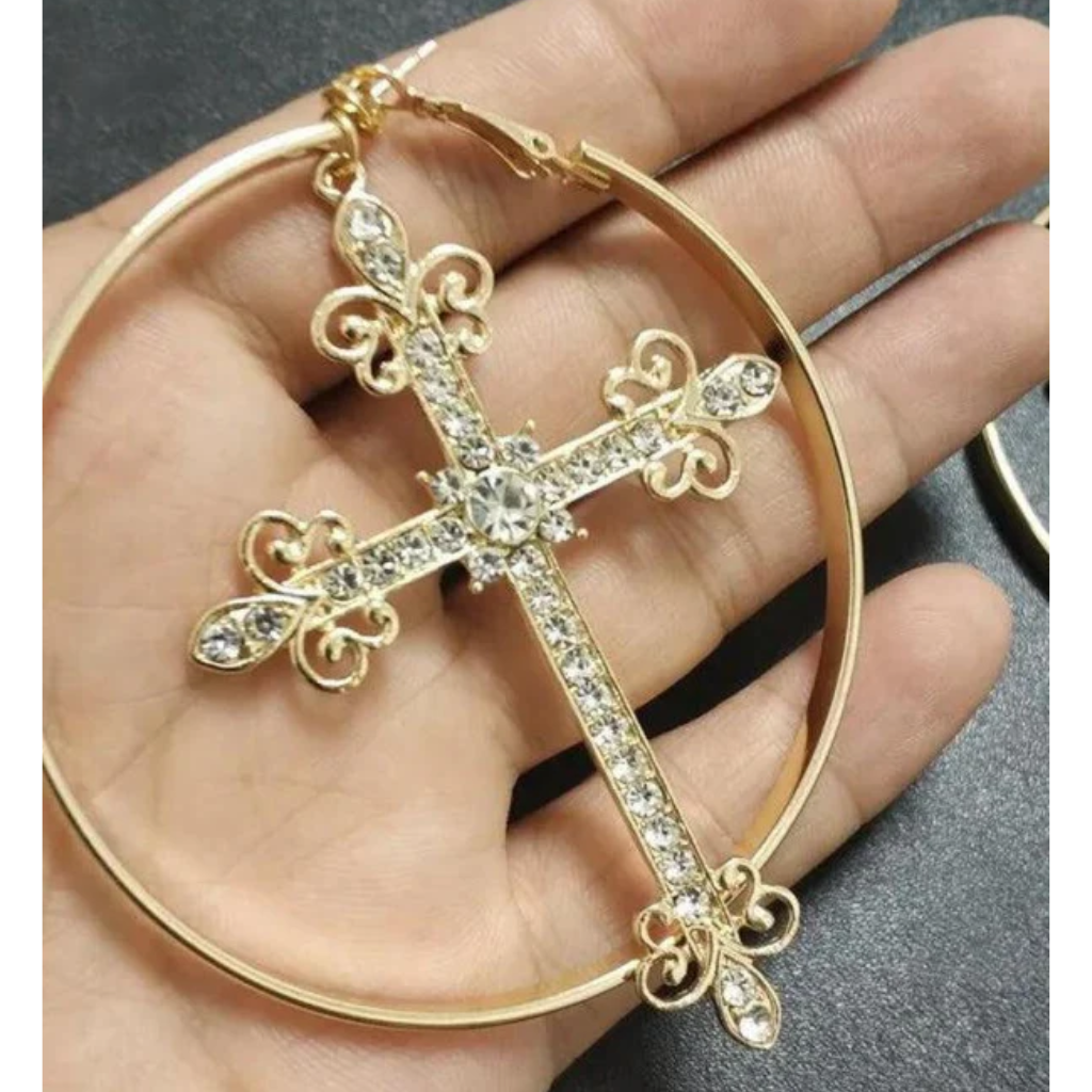 Cross Hoop Earrings Women Cubic Zirconia-Tithesource-Gold-
