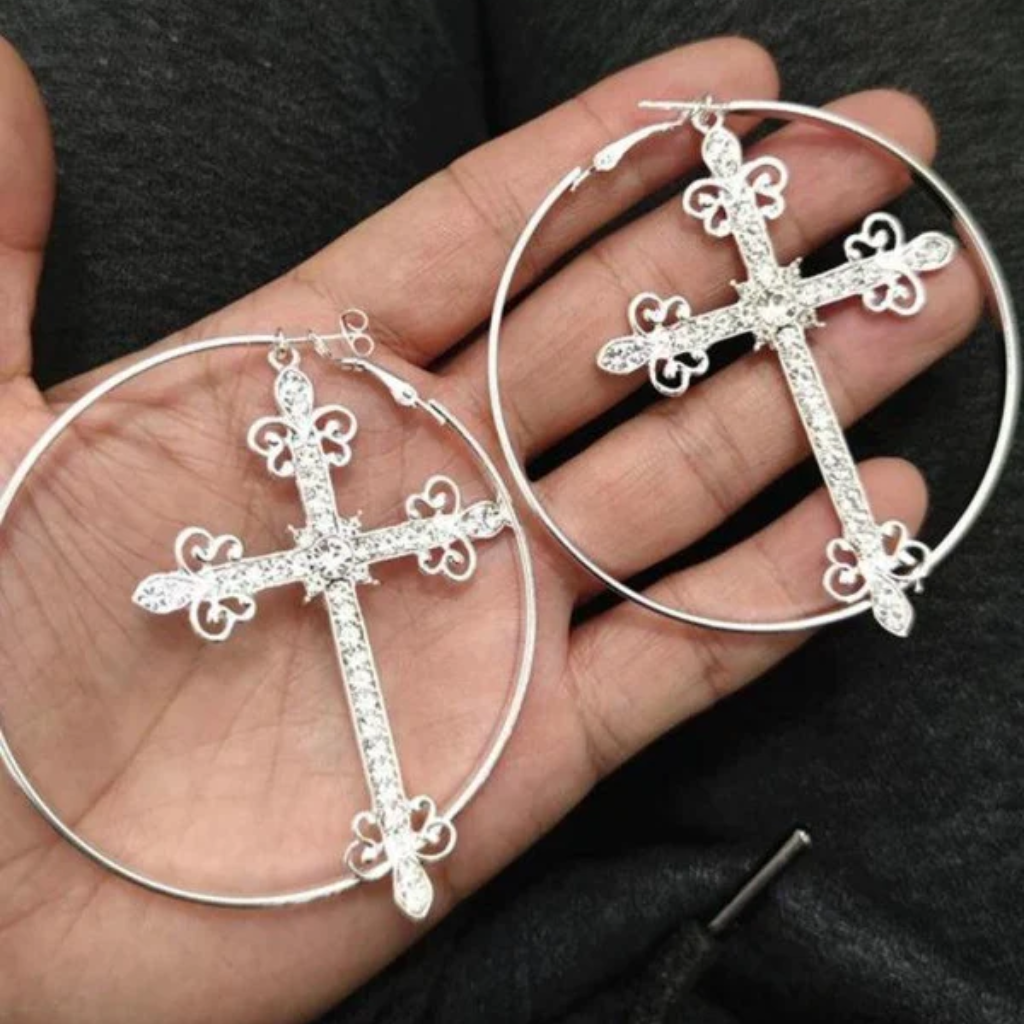 Cross Hoop Earrings Women Cubic Zirconia-Tithesource-Silver-