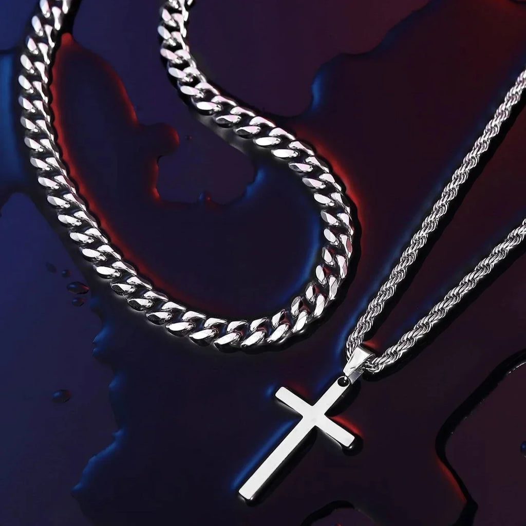 Cross Necklace Men Double Layer Cuban Rope Chain Silver Pendant