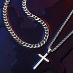Cross Necklace Men Double Layer Cuban Rope Chain Silver Pendant