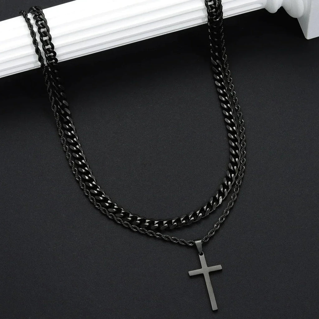 Cross Necklace Men Double Layer Cuban Rope Chain Silver Pendant