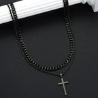 Cross Necklace Men Double Layer Cuban Rope Chain Silver Pendant