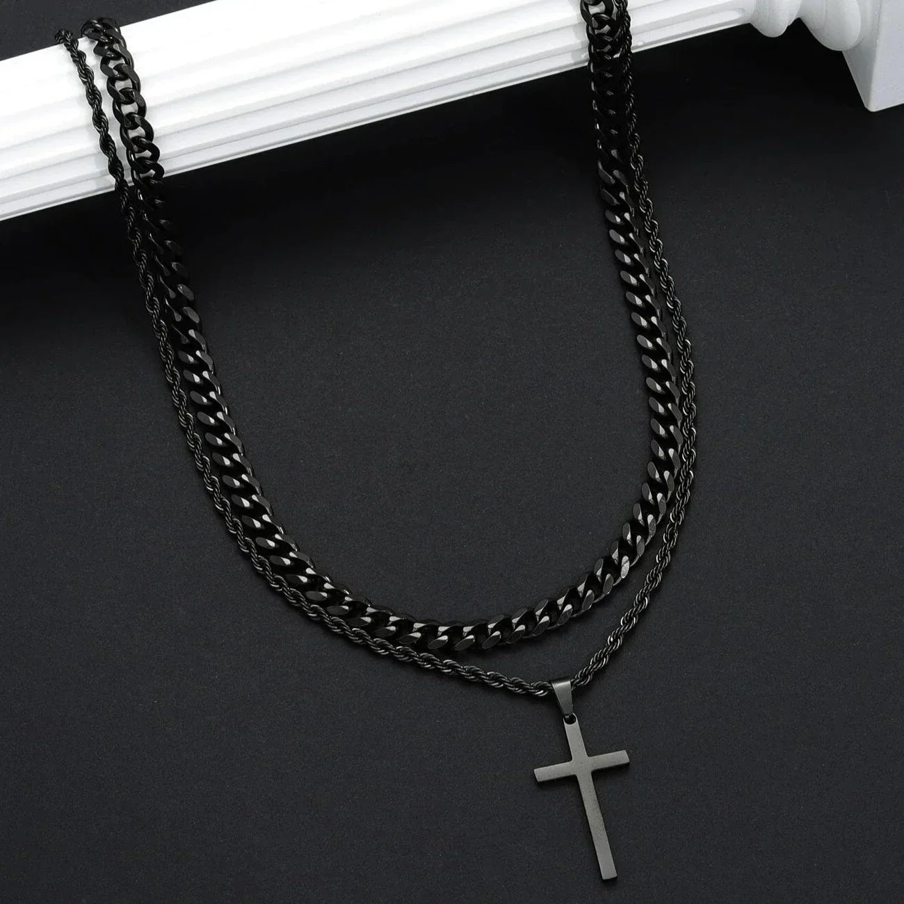 Cross Necklace Men Double Layer Cuban Rope Chain Silver Pendant