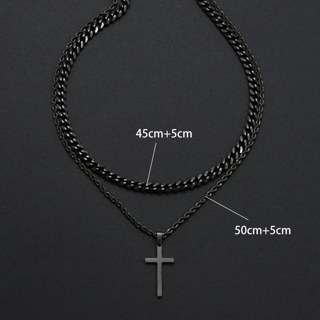 Cross Necklace Men Double Layer Cuban Rope Chain Silver Pendant