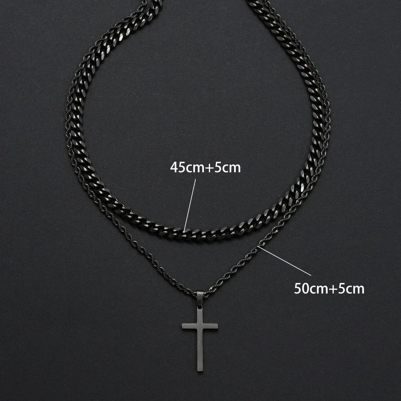 Cross Necklace Men Double Layer Cuban Rope Chain Silver Pendant