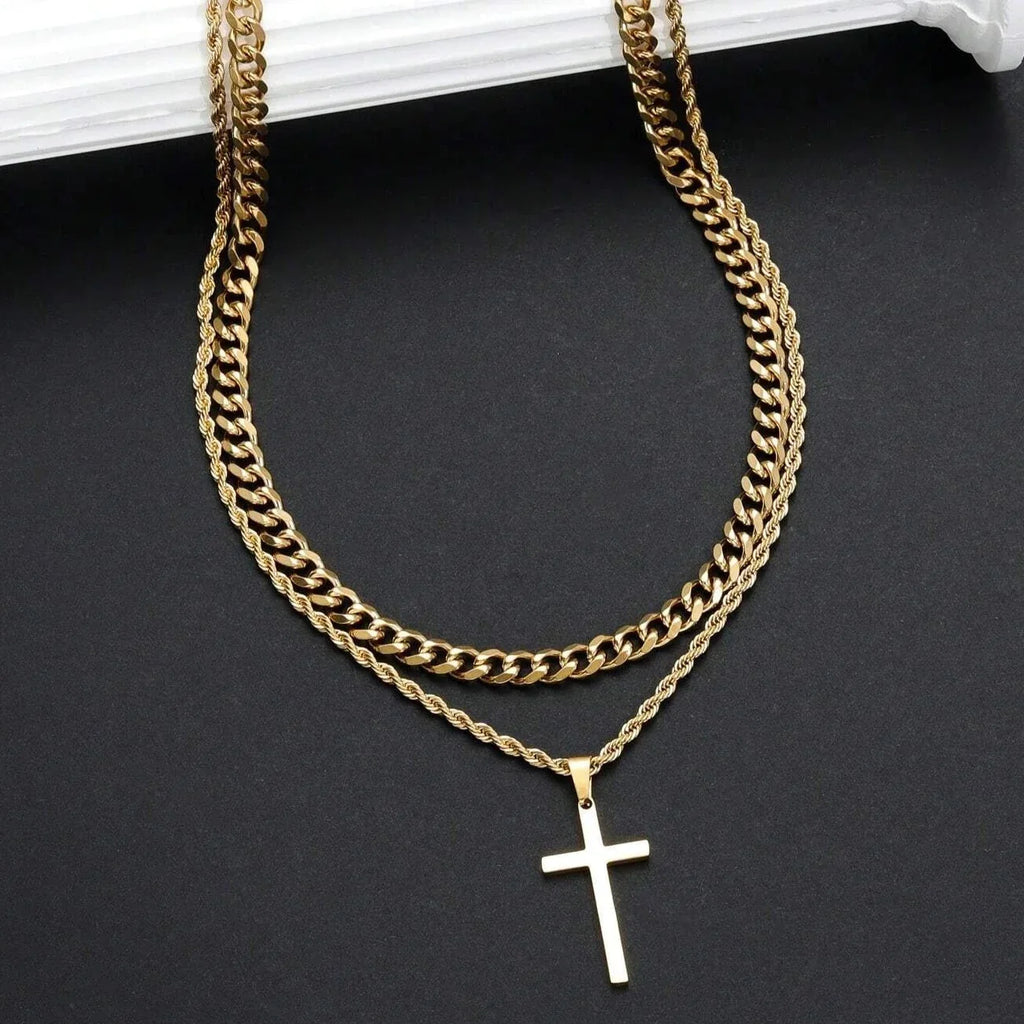 Cross Necklace Men Double Layer Cuban Rope Chain Silver Pendant