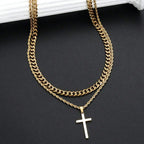 Cross Necklace Men Double Layer Cuban Rope Chain Silver Pendant