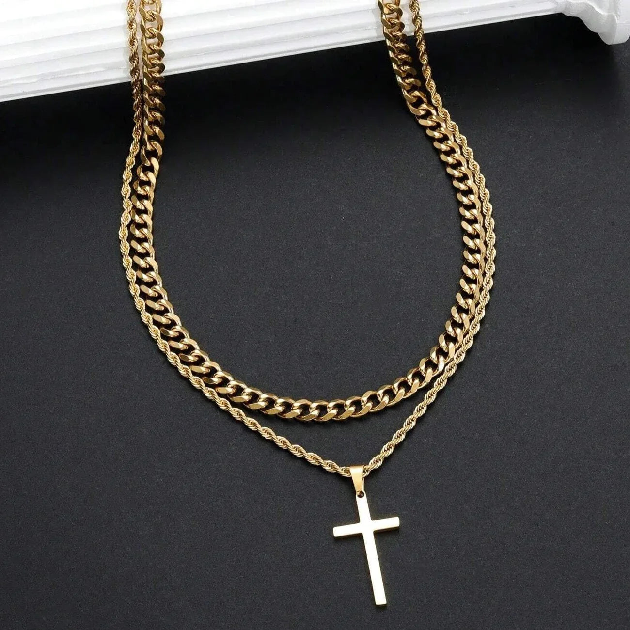 Cross Necklace Men Double Layer Cuban Rope Chain Silver Pendant