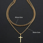 Cross Necklace Men Double Layer Cuban Rope Chain Silver Pendant