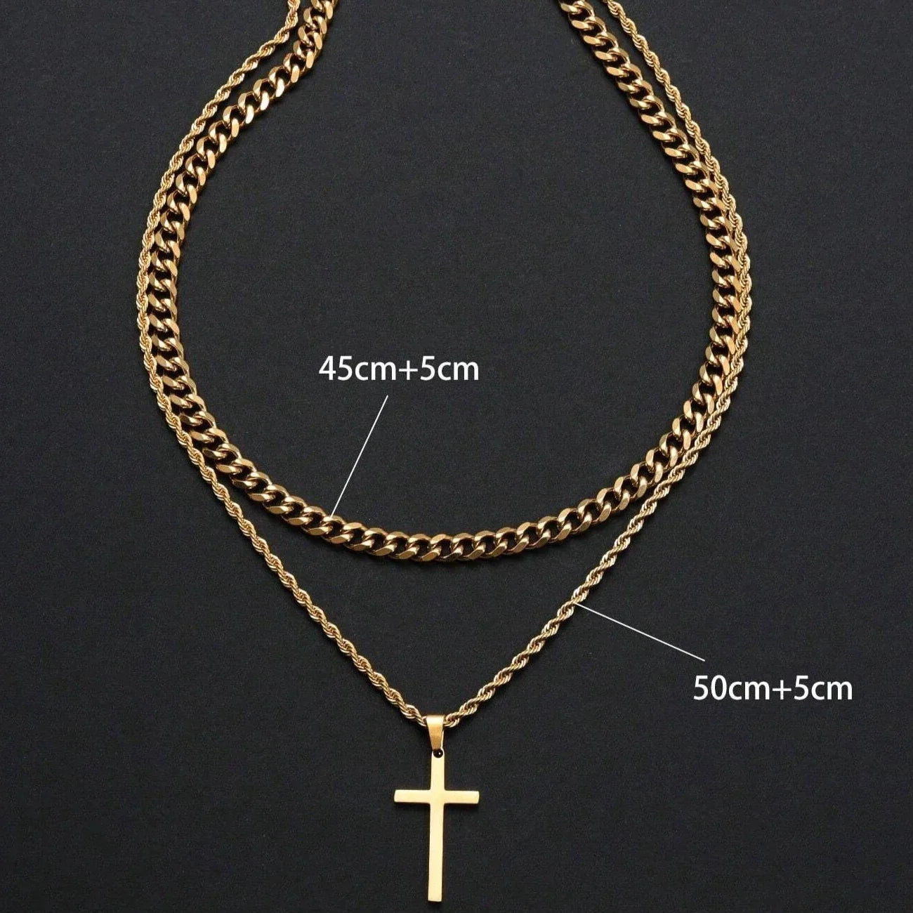 Cross Necklace Men Double Layer Cuban Rope Chain Silver Pendant