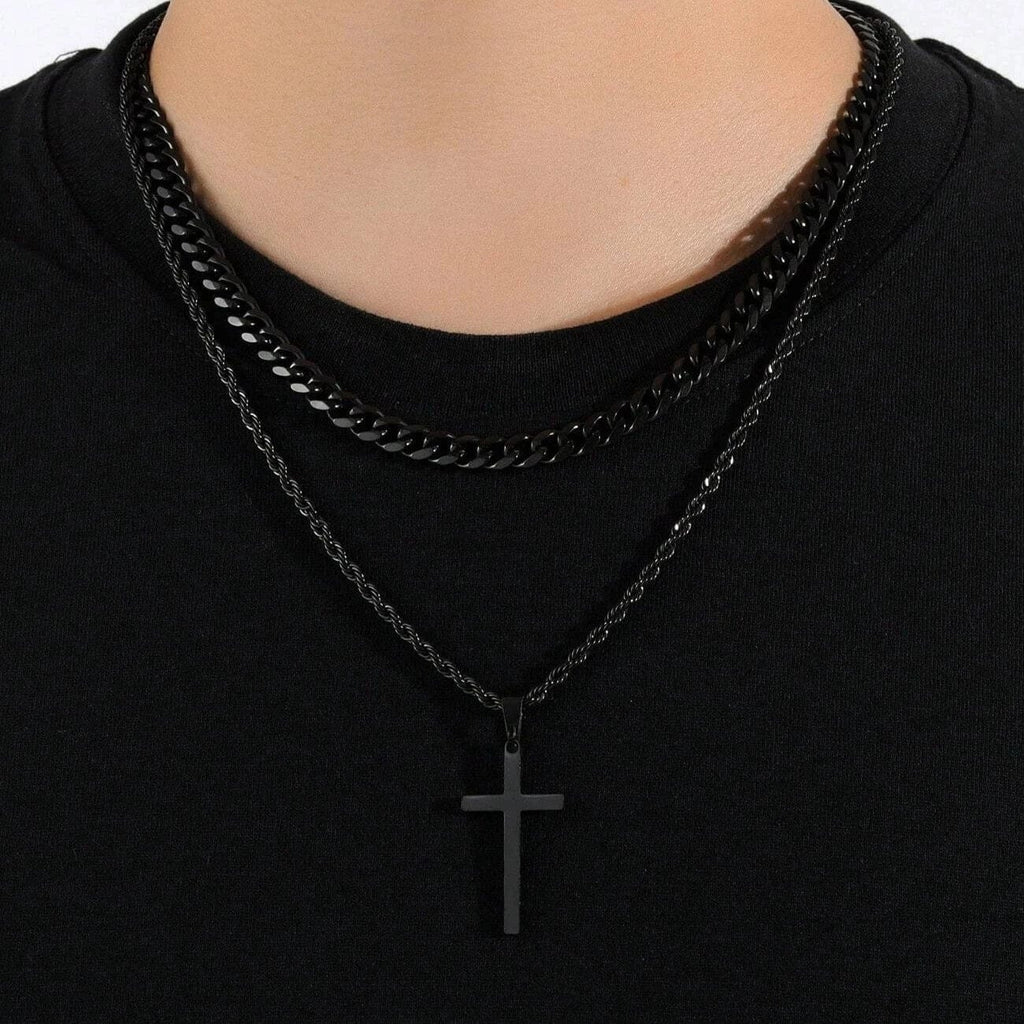 Cross Necklace Men Double Layer Cuban Rope Chain Silver Pendant