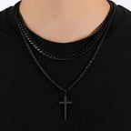 Cross Necklace Men Double Layer Cuban Rope Chain Silver Pendant