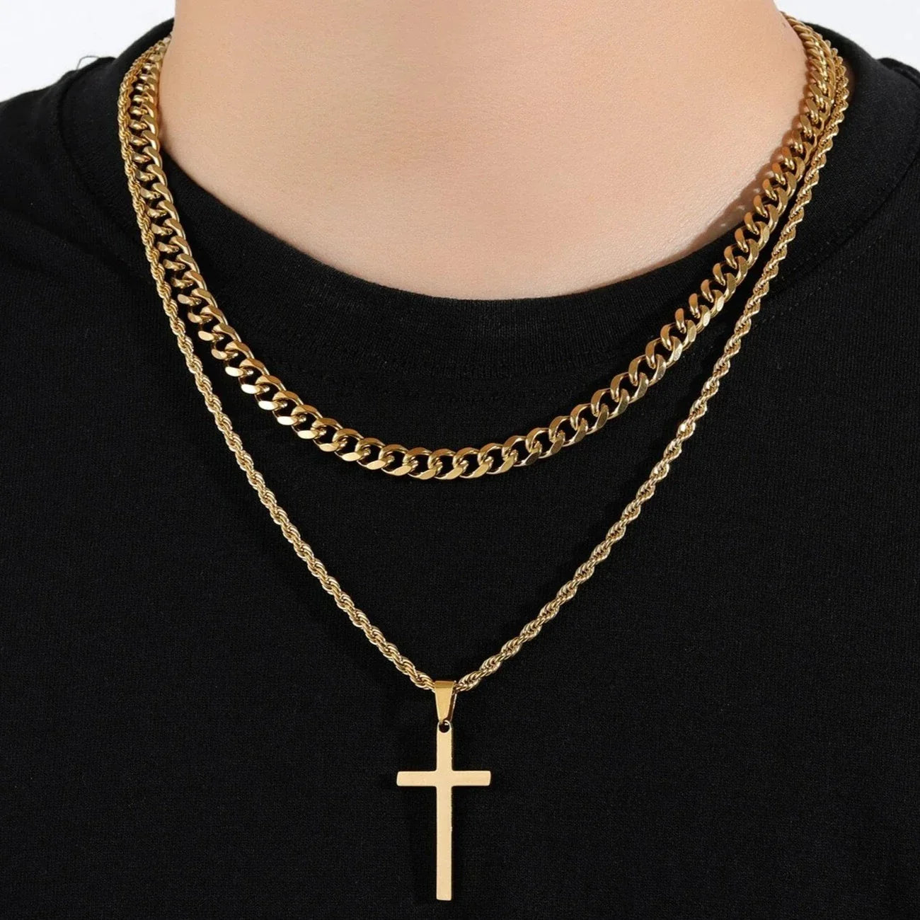 Cross Necklace Men Double Layer Cuban Rope Chain Silver Pendant