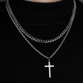 Cross Necklace Men Double Layer Cuban Rope Chain Silver Pendant