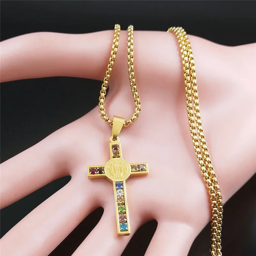 Cross Necklace Men Saint Benedict Multicolor Cubic Zirconia Pendant