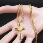 Cross Necklace Men Saint Benedict Multicolor Cubic Zirconia Pendant