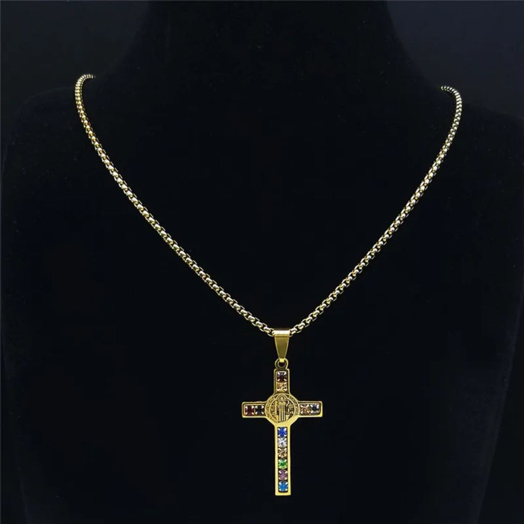 Cross Necklace Men Saint Benedict Multicolor Cubic Zirconia Pendant