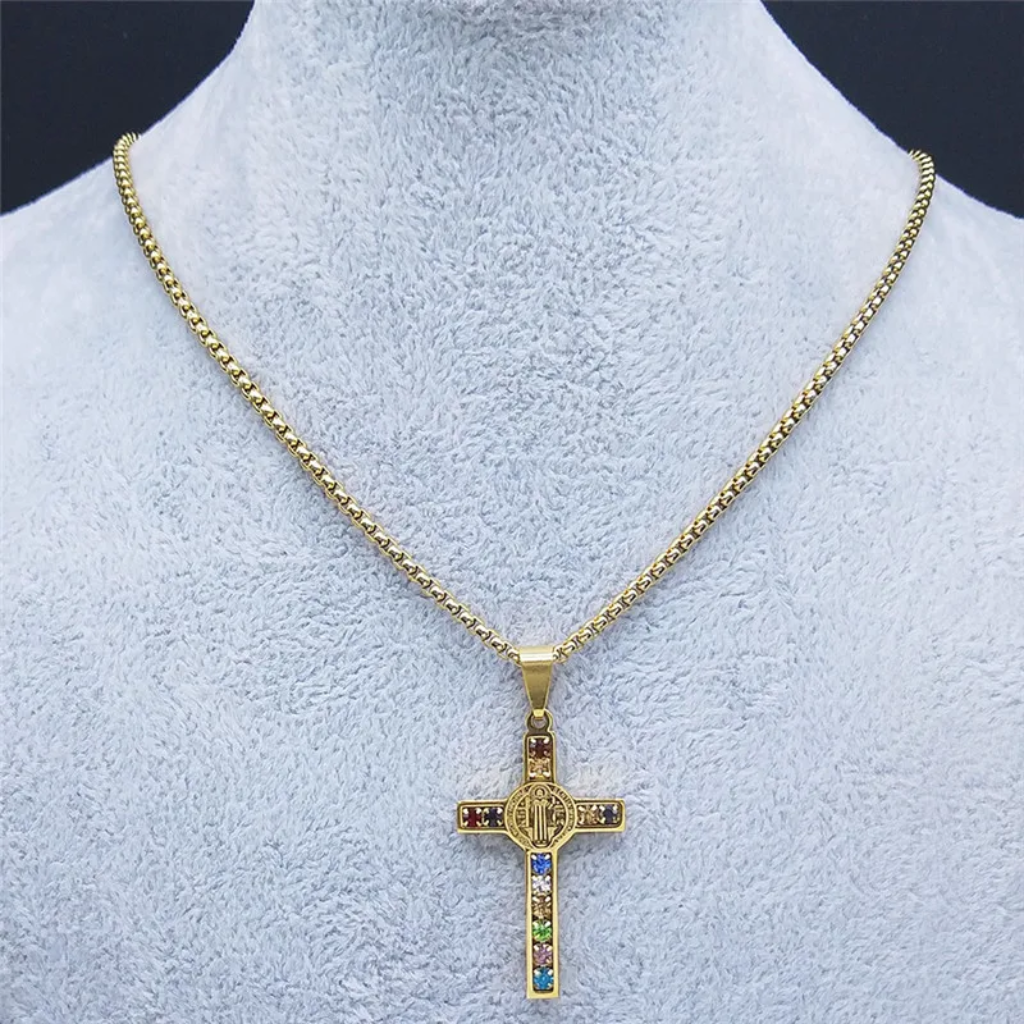 Cross Necklace Men Saint Benedict Multicolor Cubic Zirconia Pendant