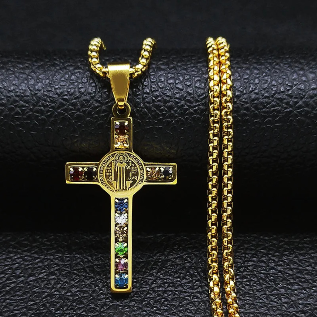 Cross Necklace Men Saint Benedict Multicolor Cubic Zirconia Pendant