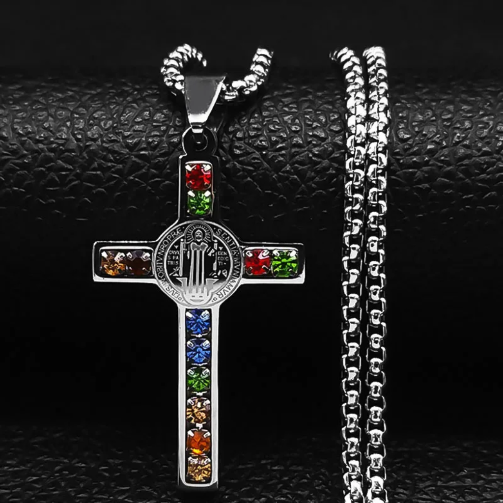 Cross Necklace Men Saint Benedict Multicolor Cubic Zirconia Pendant