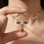 Cross Necklace Women - Dainty Colorful Gem Set