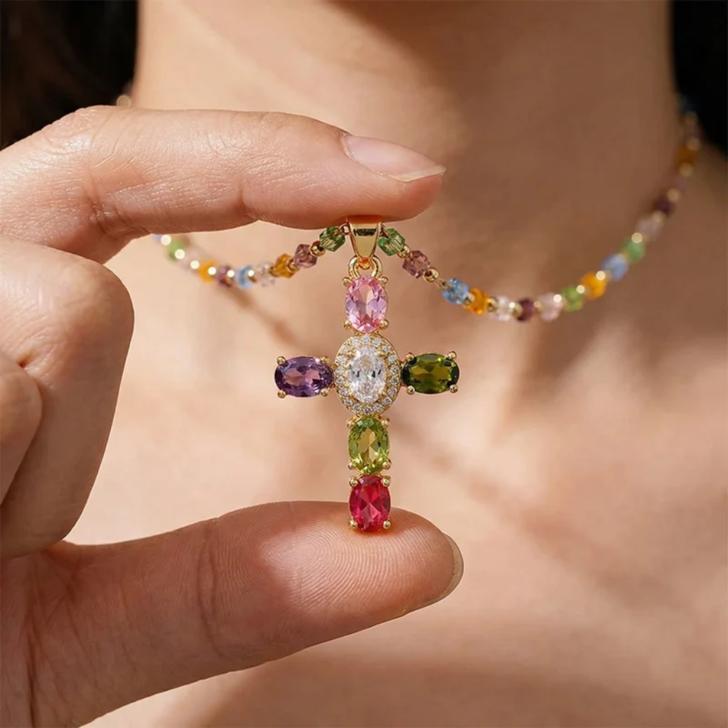 Cross Necklace Women - Dainty Colorful Gem Set