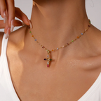 Cross Necklace Women - Dainty Colorful Gem Set