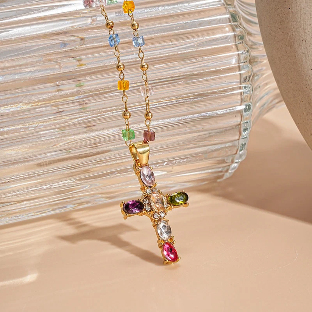 Cross Necklace Women - Dainty Colorful Gem Set