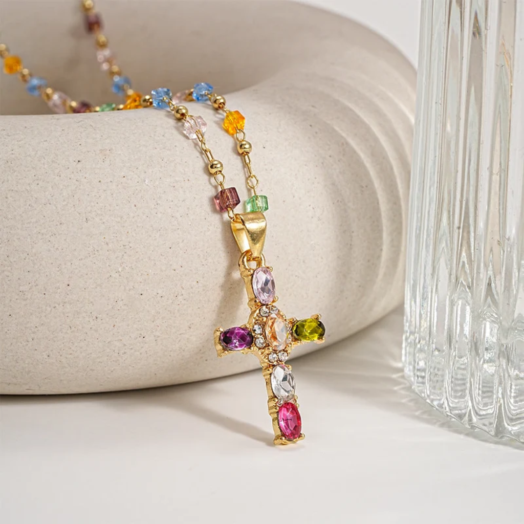 Cross Necklace Women - Dainty Colorful Gem Set