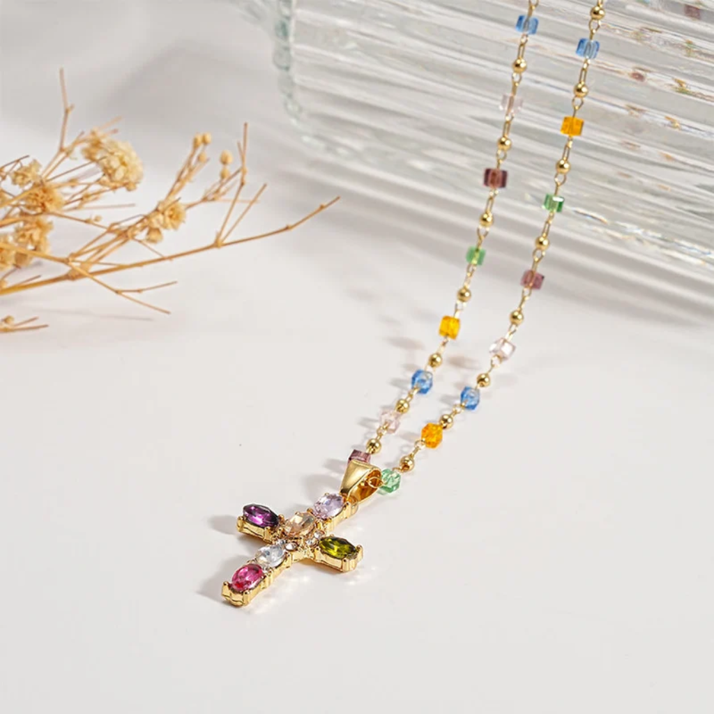 Cross Necklace Women - Dainty Colorful Gem Set