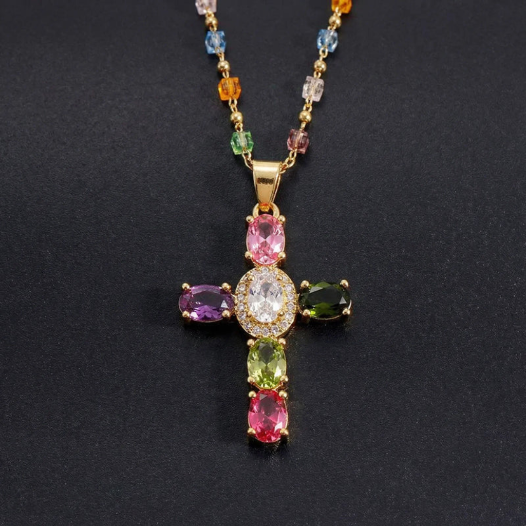 Cross Necklace Women - Dainty Colorful Gem Set