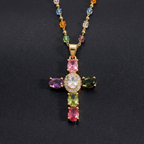 Cross Necklace Women - Dainty Colorful Gem Set