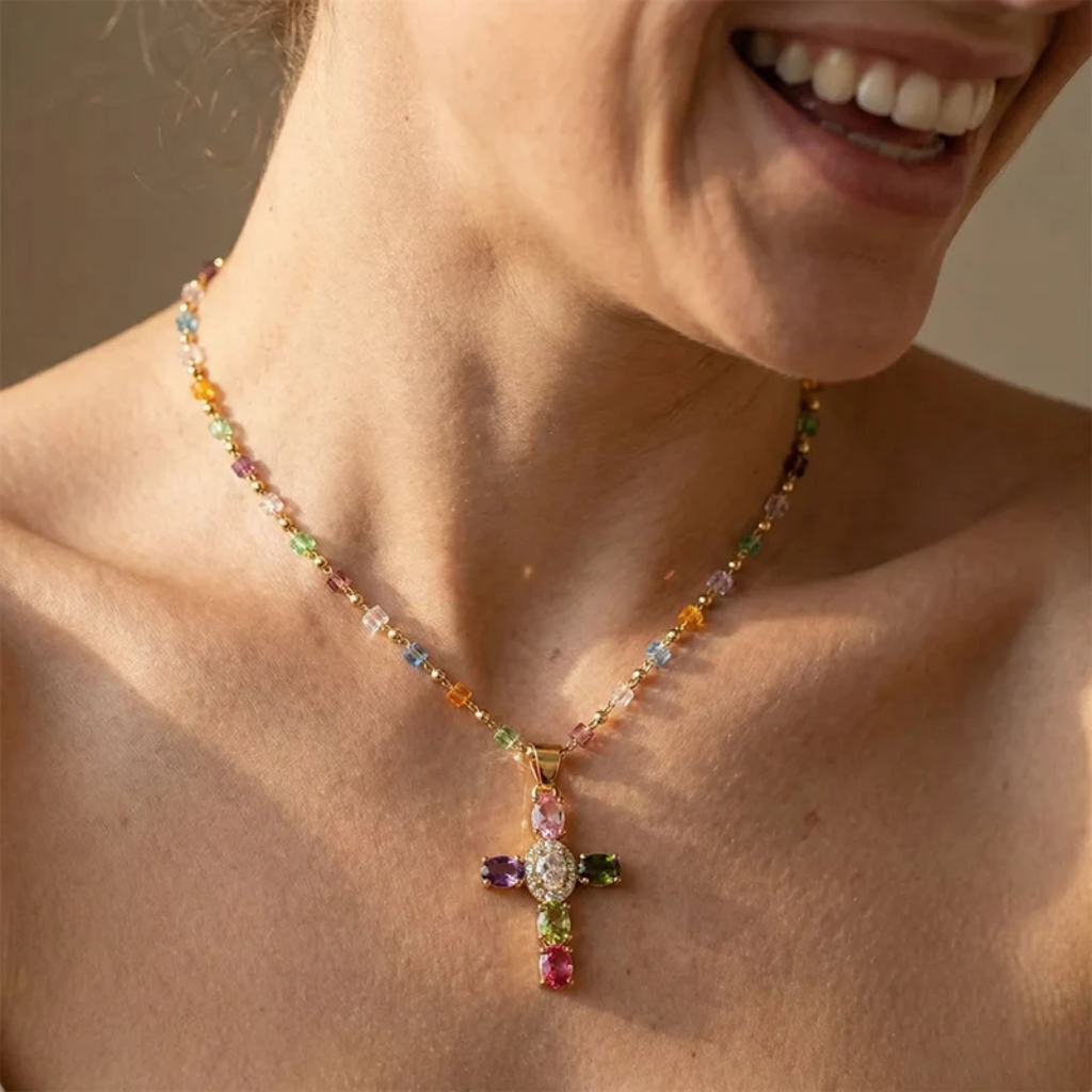 Cross Necklace Women - Dainty Colorful Gem Set