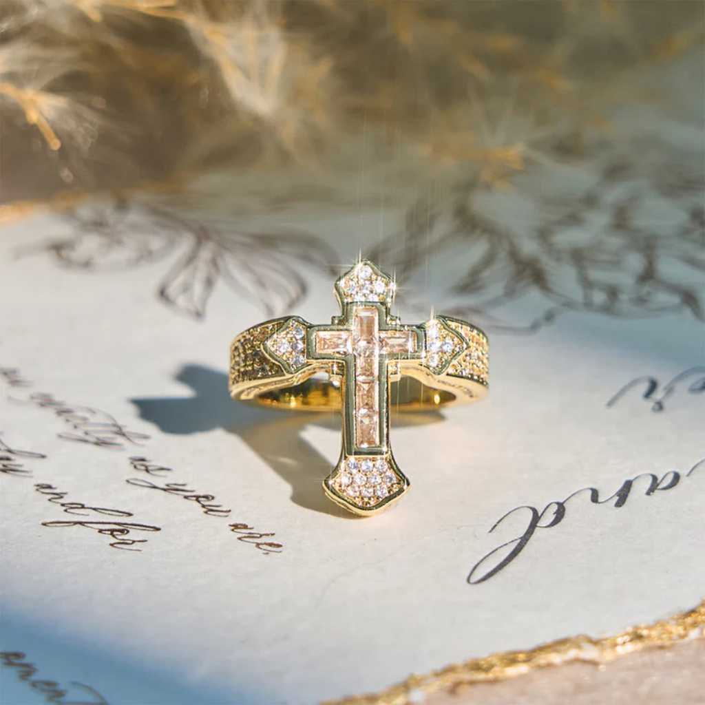 Cross Ring with Cubic Zirconia Accents | Gold and Silver-Tithesource-