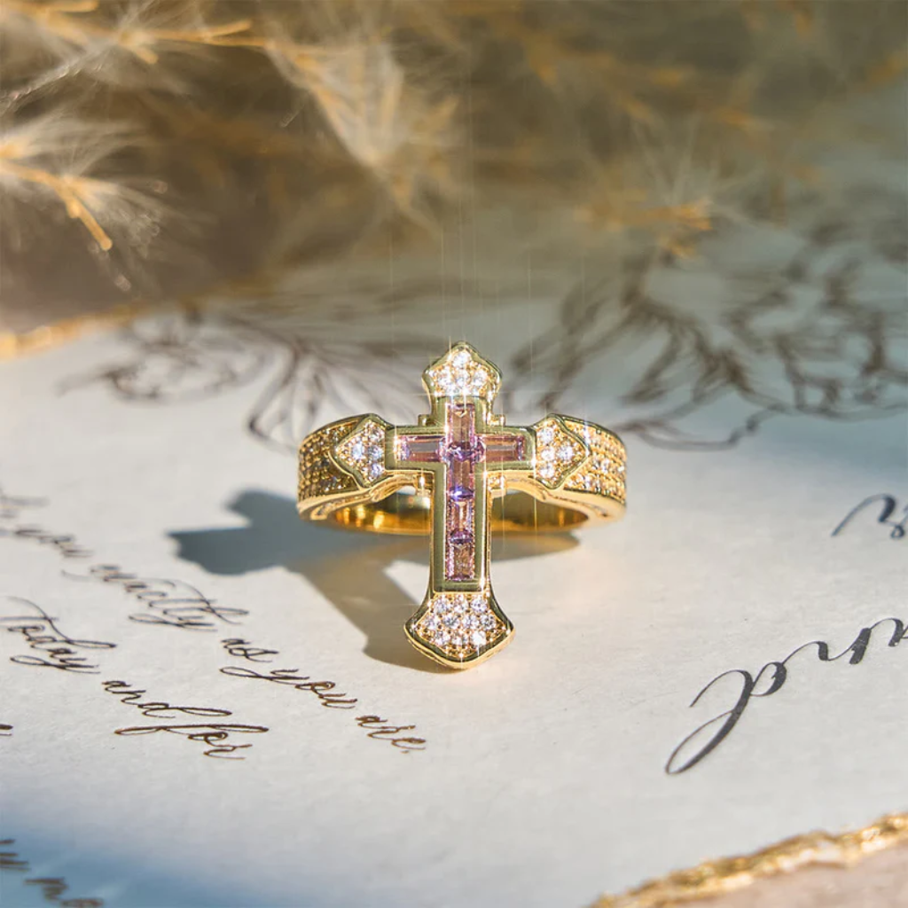 Cross Ring with Cubic Zirconia Accents | Gold and Silver-Tithesource-