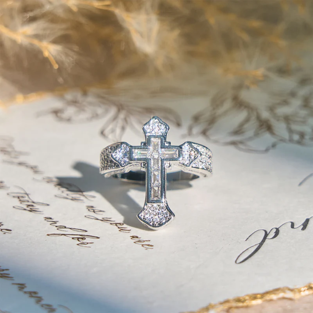 Cross Ring with Cubic Zirconia Accents | Gold and Silver-Tithesource-