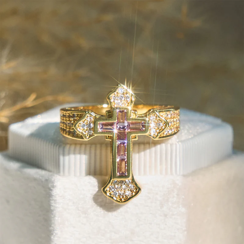 Cross Ring with Cubic Zirconia Accents | Gold and Silver-Tithesource-Pink-6-