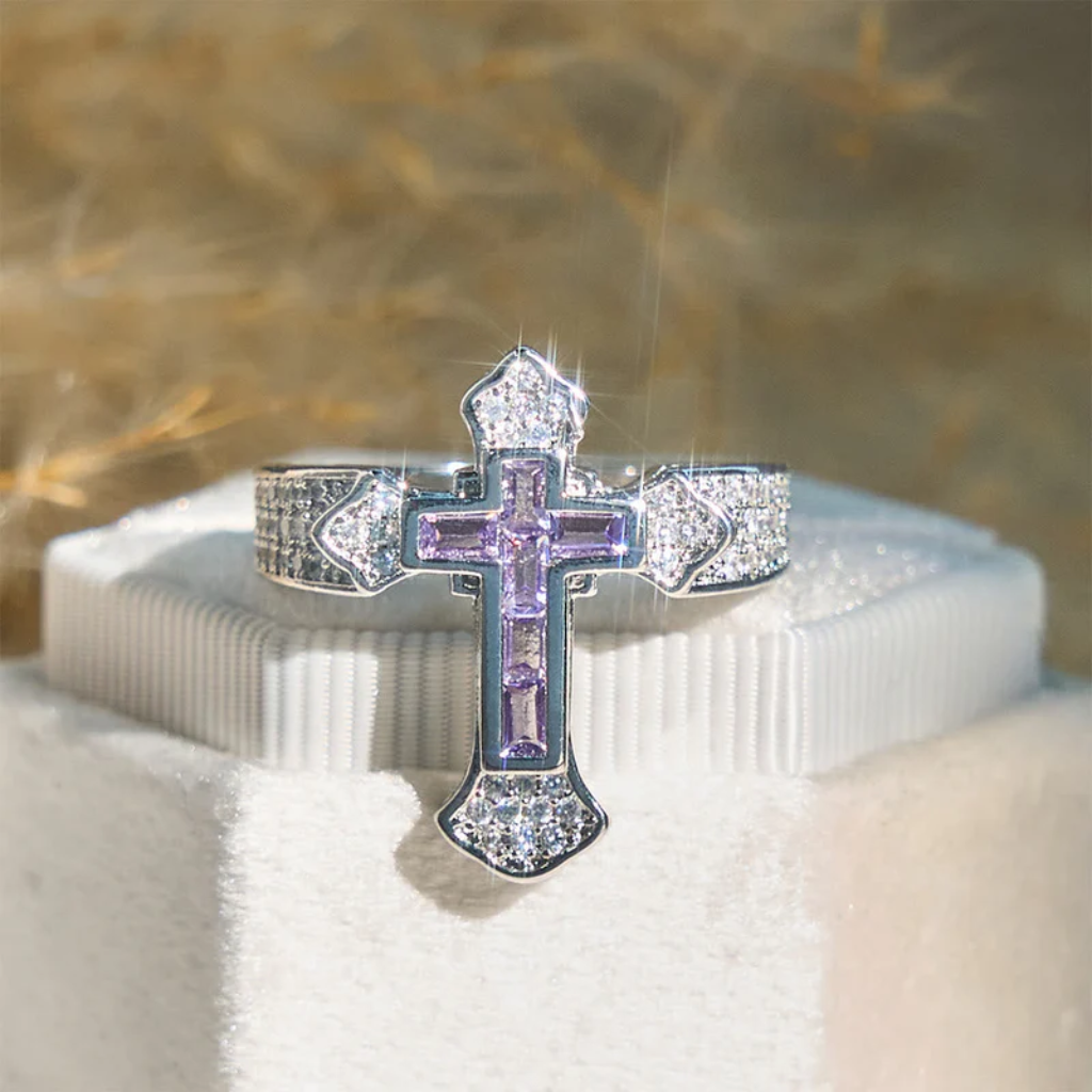 Cross Ring with Cubic Zirconia Accents | Gold and Silver-Tithesource-Purple-6-