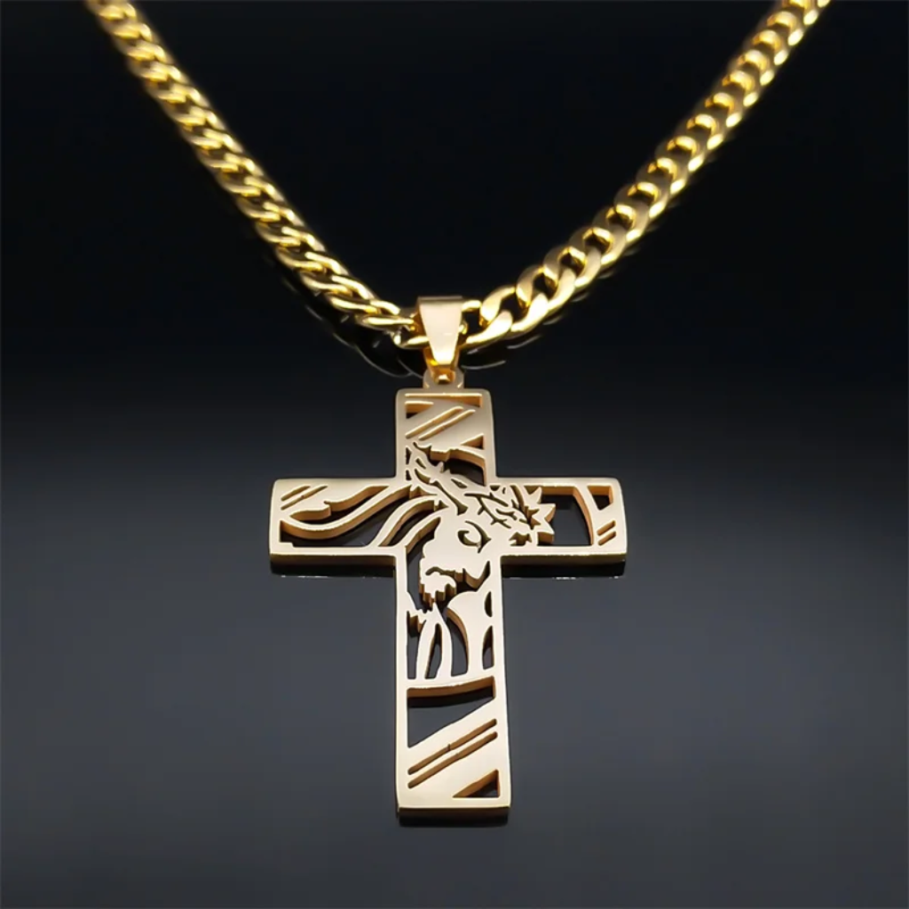 Crown of Thorns Jesus Cross Necklace for Men Stainless Steel