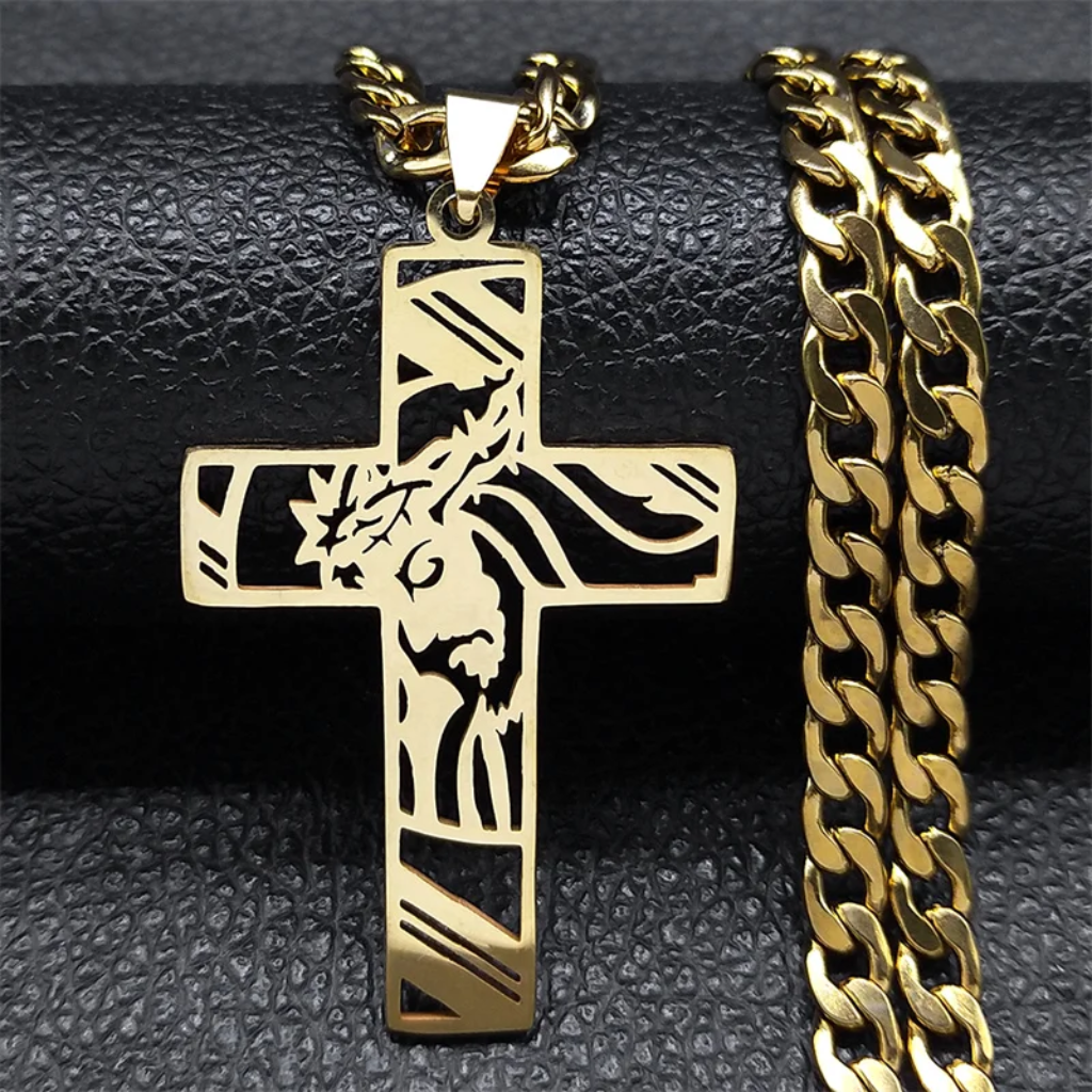 Crown of Thorns Jesus Cross Necklace for Men Stainless Steel