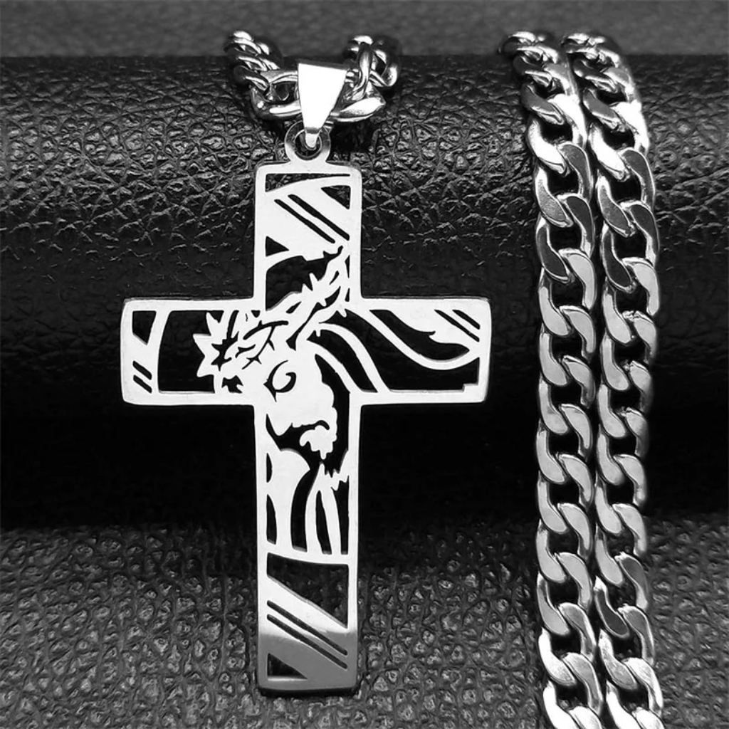 Crown of Thorns Jesus Cross Necklace for Men Stainless Steel