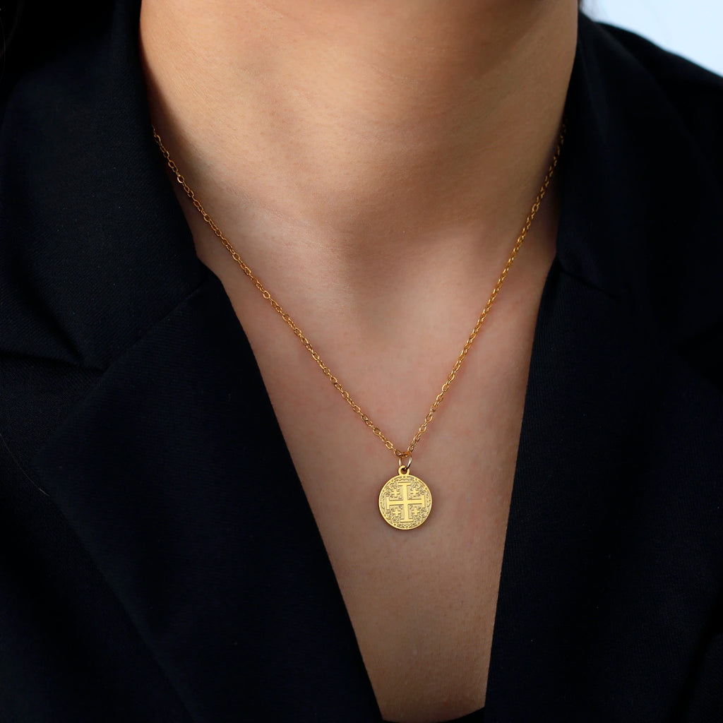 Crusader Cross Necklace Pendant Christian Protection Stainless Steel Gold Baptism-Tithesource-Gold-